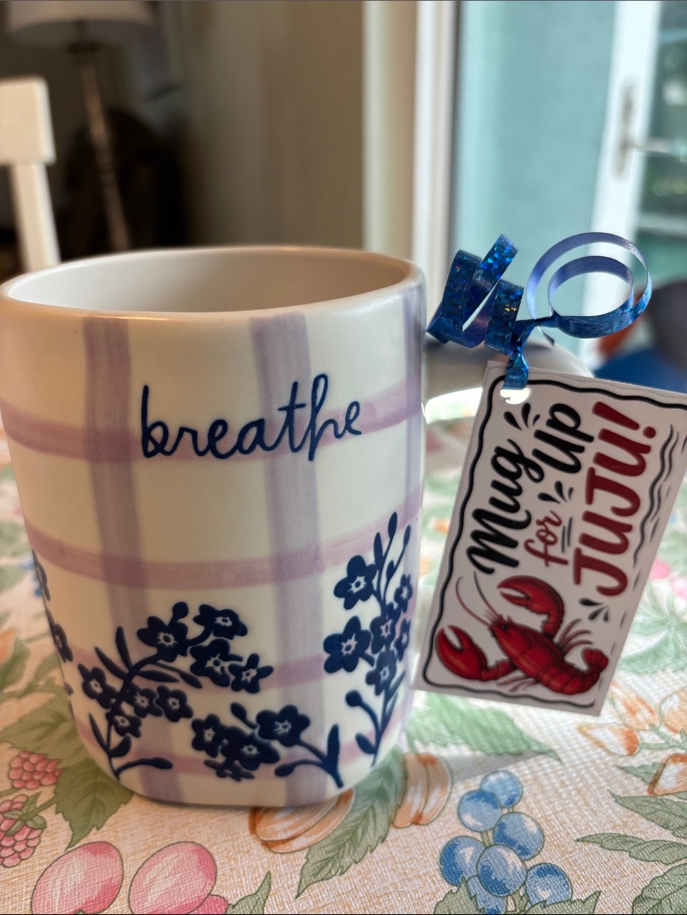 Rae Dunn Blue Floral 'breathe' Mug with Lavender Plaid